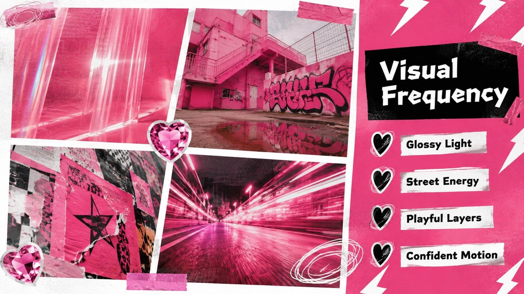 Pink collage music slides mood board with fashion, lighting, texture, and stage direction panels.