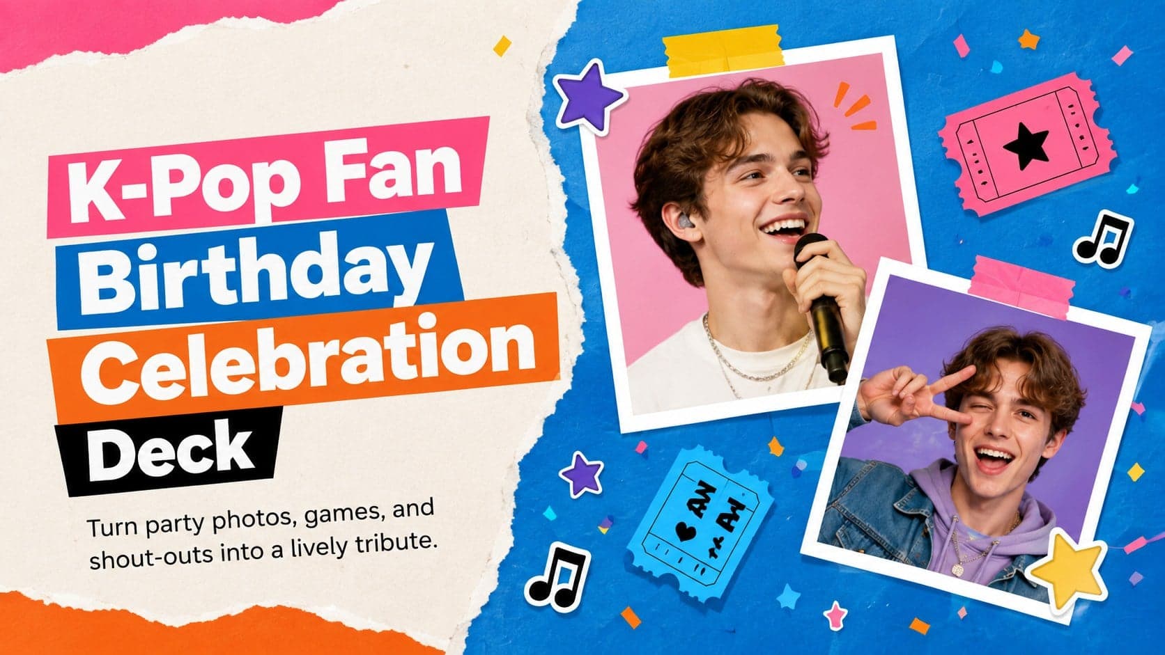 Colorful K-pop fan birthday celebration deck cover with photo frames, paper textures, and festive music graphics.
