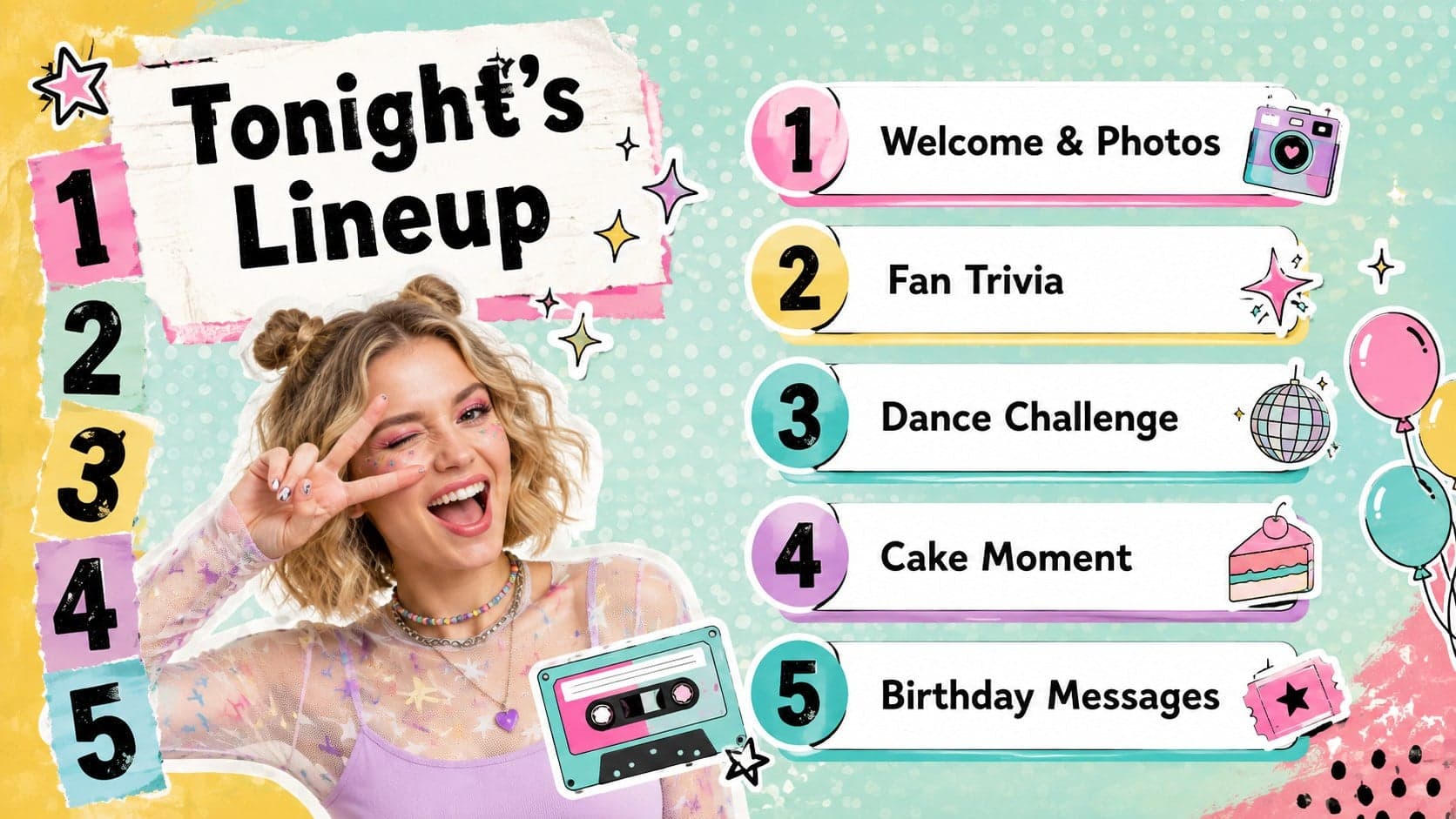 K-pop themed birthday presentation agenda with colorful collage labels for the party schedule.