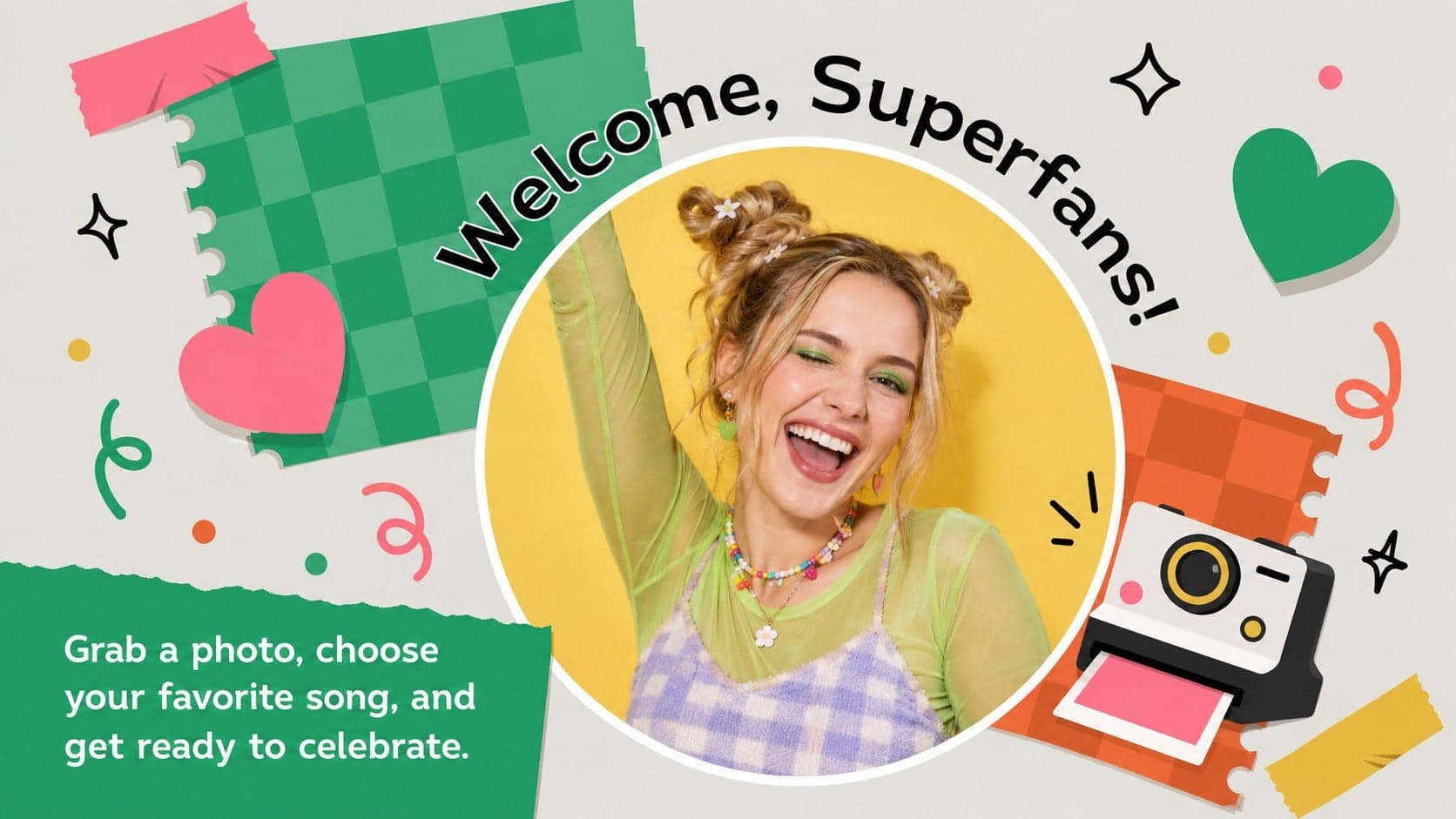 Idol fan party slideshow welcome page featuring bright photo cutouts and an original party guest portrait.