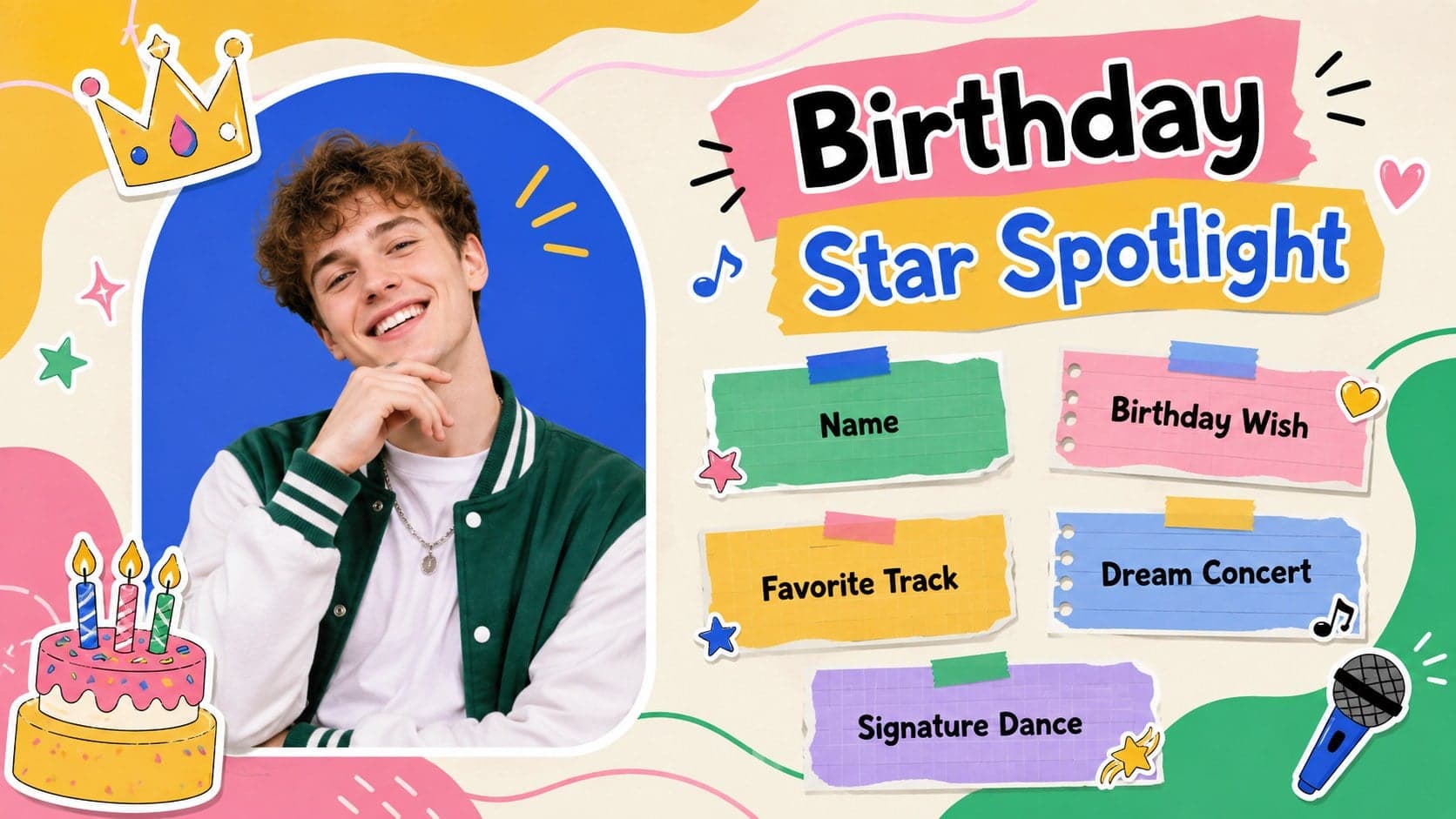 Colorful birthday spotlight profile from a K-pop fan celebration presentation.