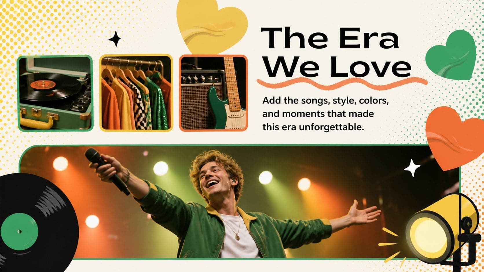 Korean pop birthday slide presenting a favorite music era with scrapbook photos and colorful labels.