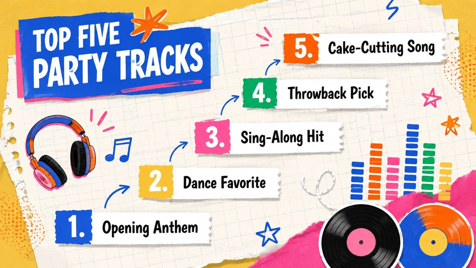 K-pop party slideshow song ranking with five colorful track entries and music-themed collage graphics.