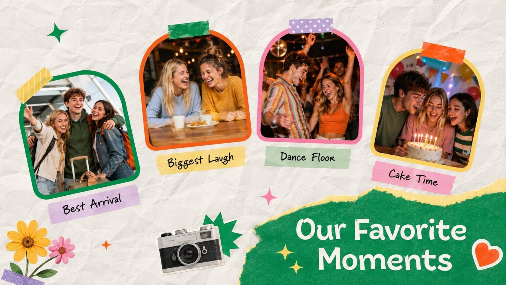 Photocard party presentation template page with a colorful four-image memory wall.