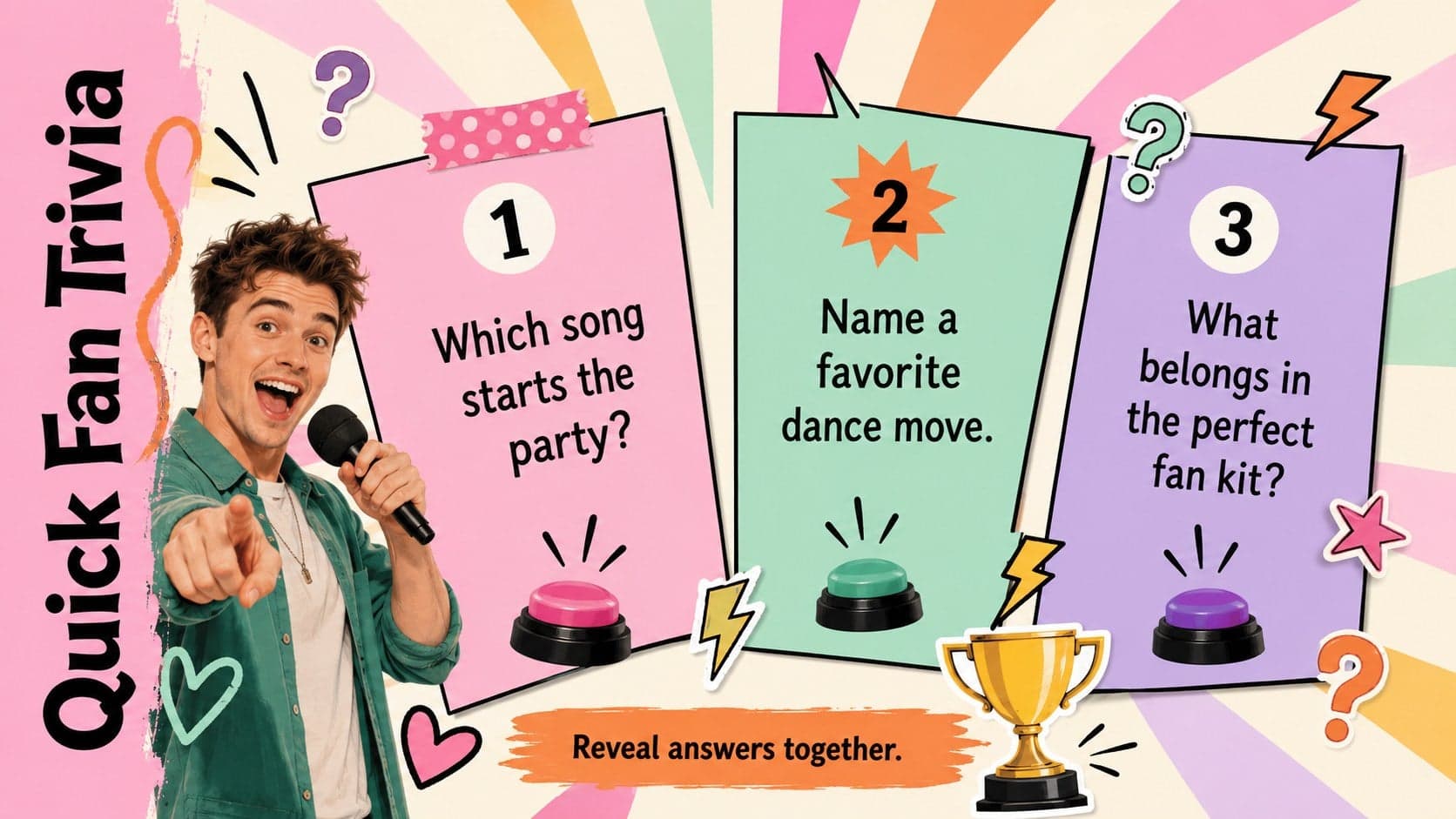 K-pop birthday trivia slide with three playful questions in colorful scrapbook panels.