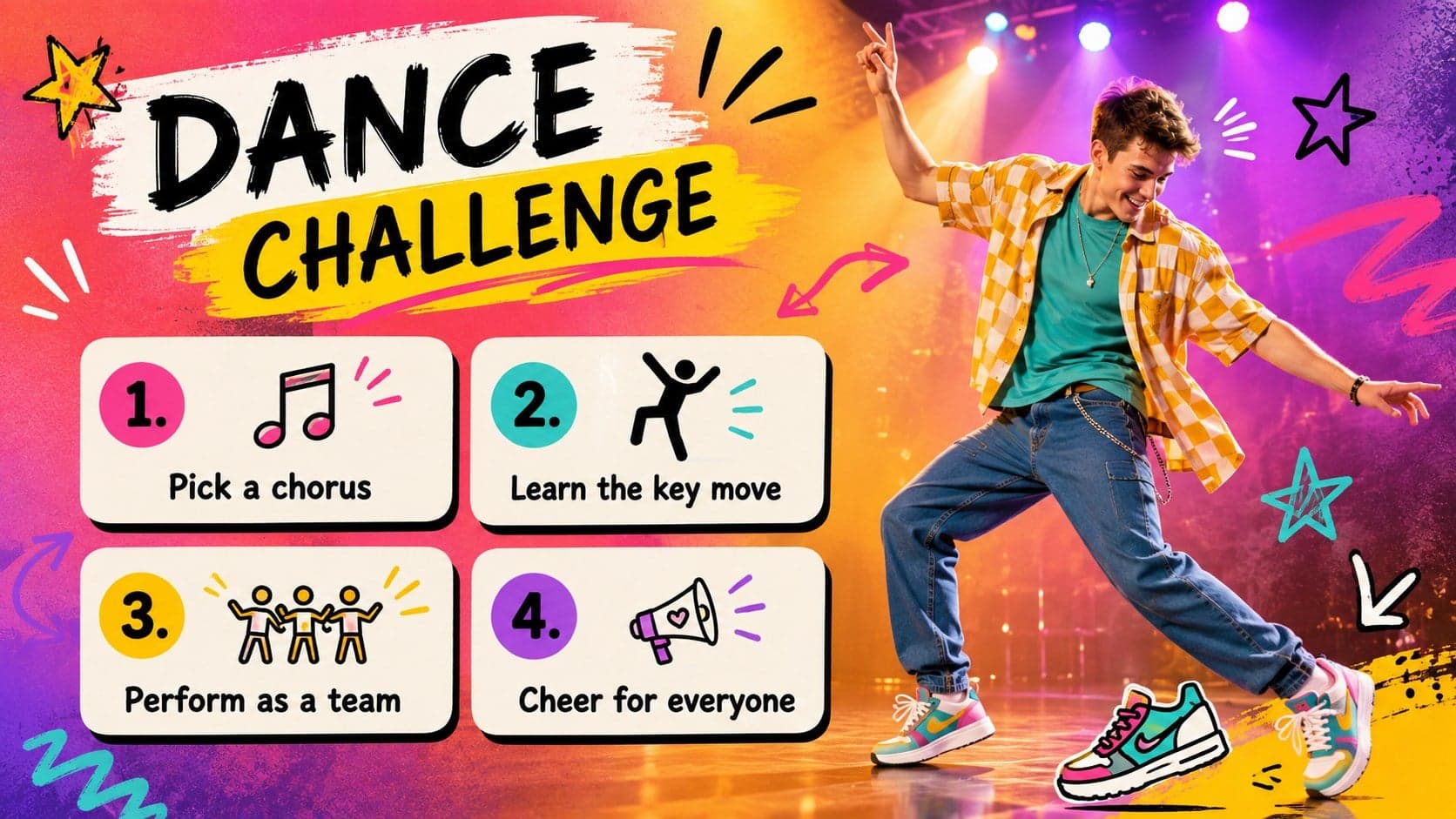 Idol-inspired birthday party dance challenge slide with colorful step cards and original dancers.