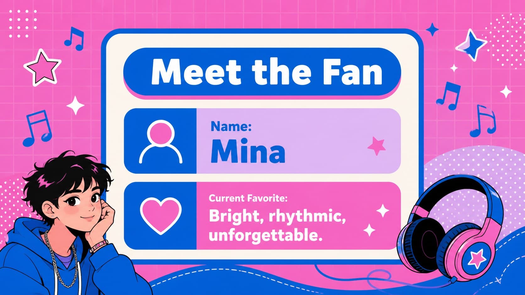 Illustrated introduction slide presenting a fan identity for a Korean music introduction deck.