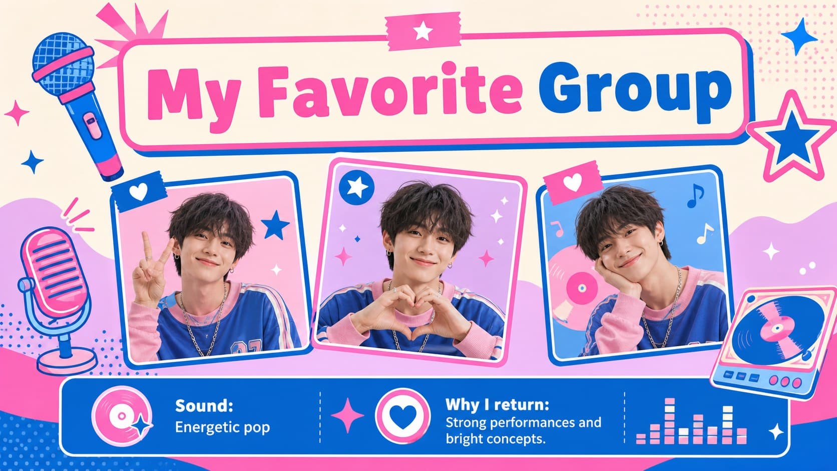 Favorite group overview slide in a pink-and-blue K-pop themed personal presentation.