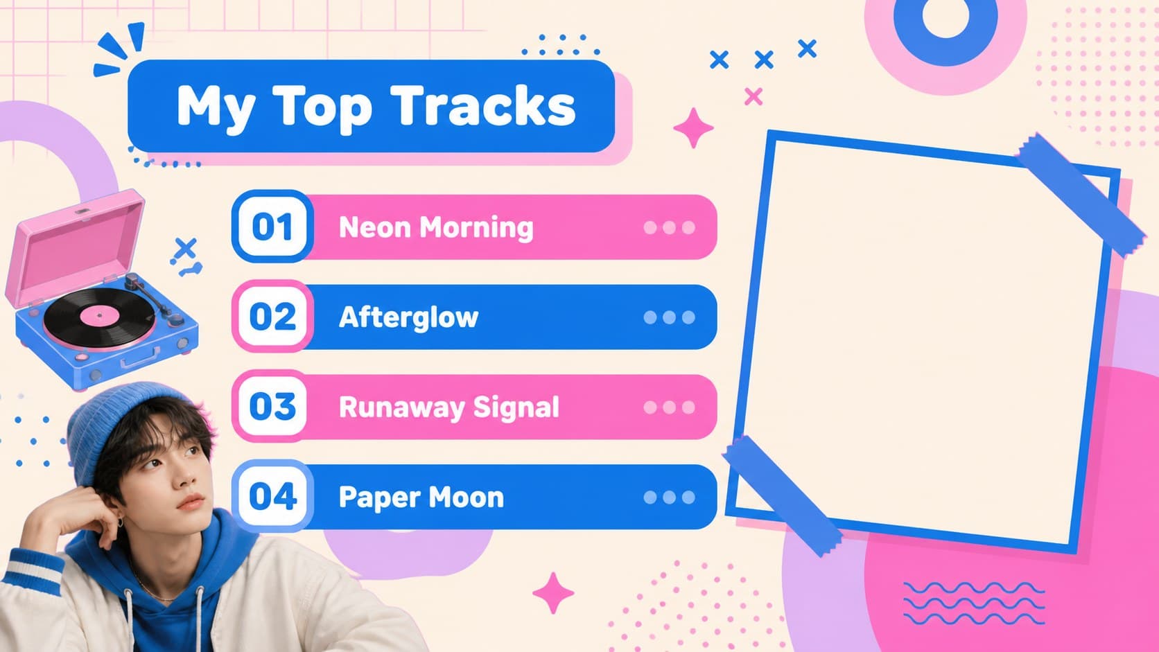 Top songs ranking slide for a favorite group presentation template with colorful music graphics.