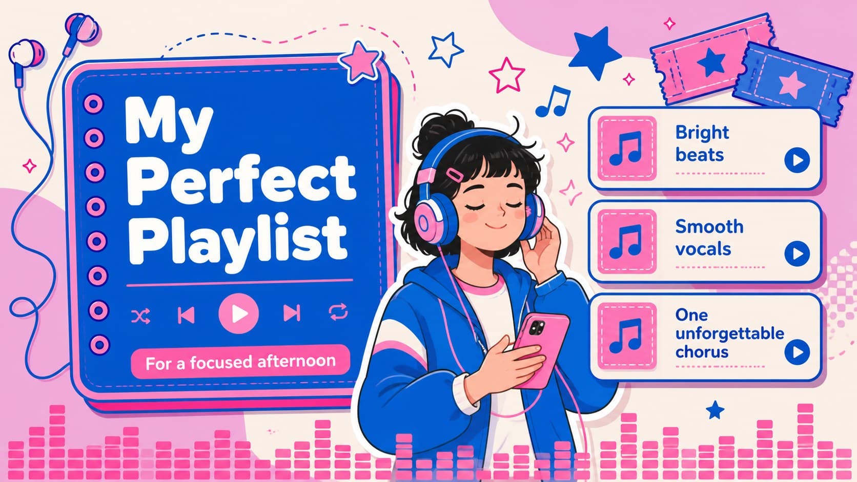 K-pop playlist slideshow slide with editable song categories and illustrated pink-blue accents.