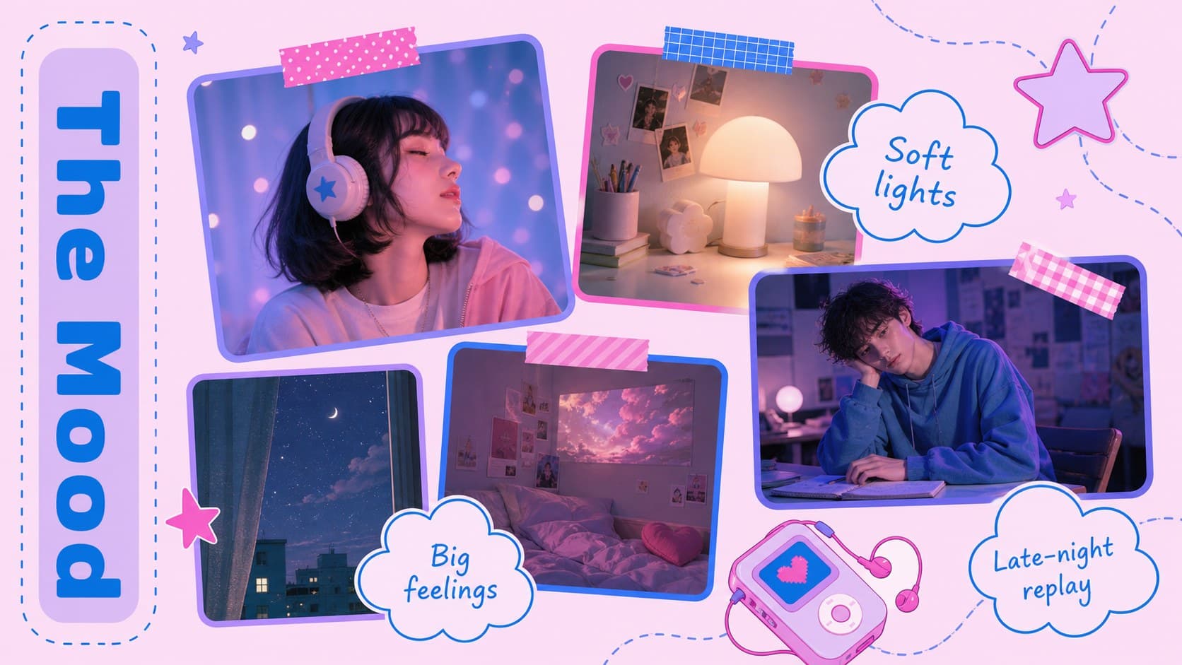 Mood board slide for a pink blue Korean music presentation with editable visual references.
