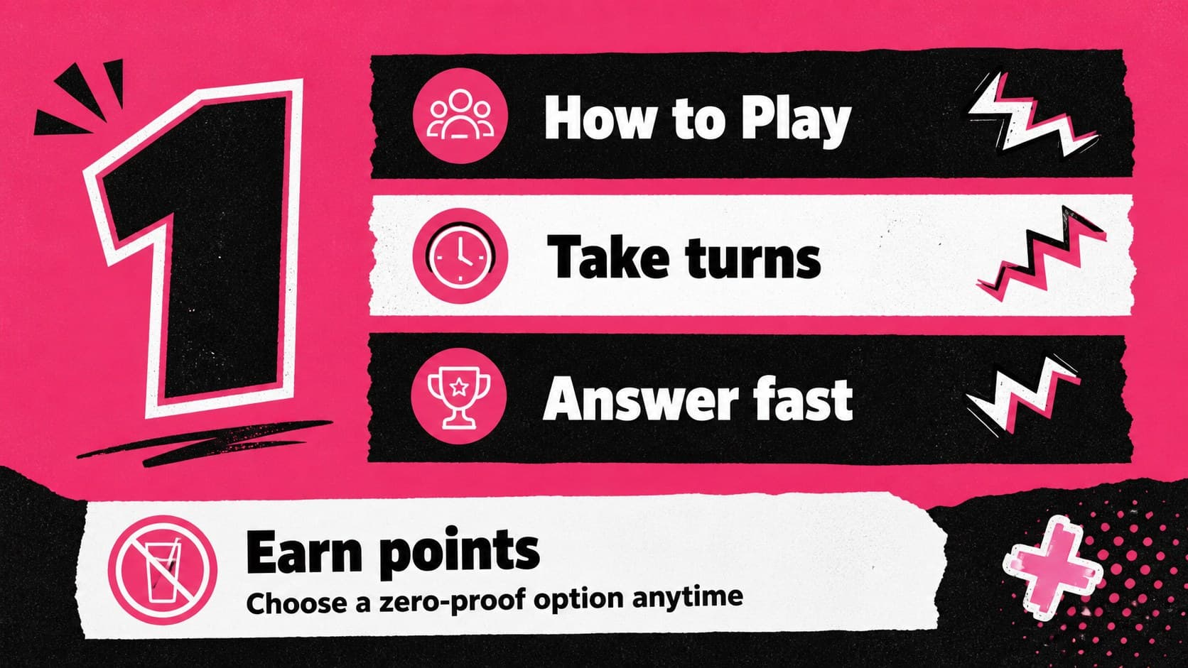 Game rules slide for a holiday drinking game with alcohol-free participation options.