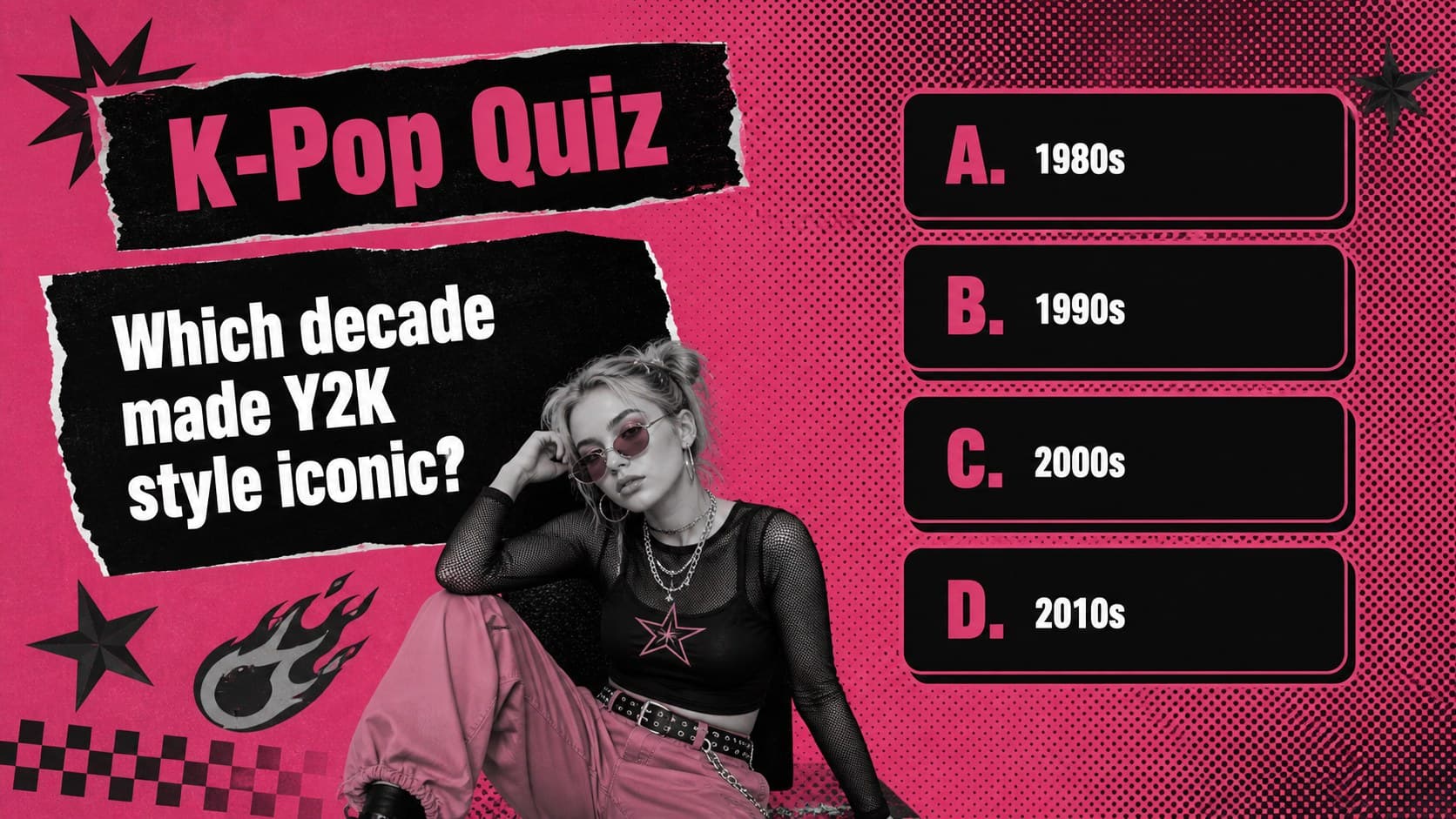 K-pop trivia round slide with multiple-choice answers for a holiday party presentation.