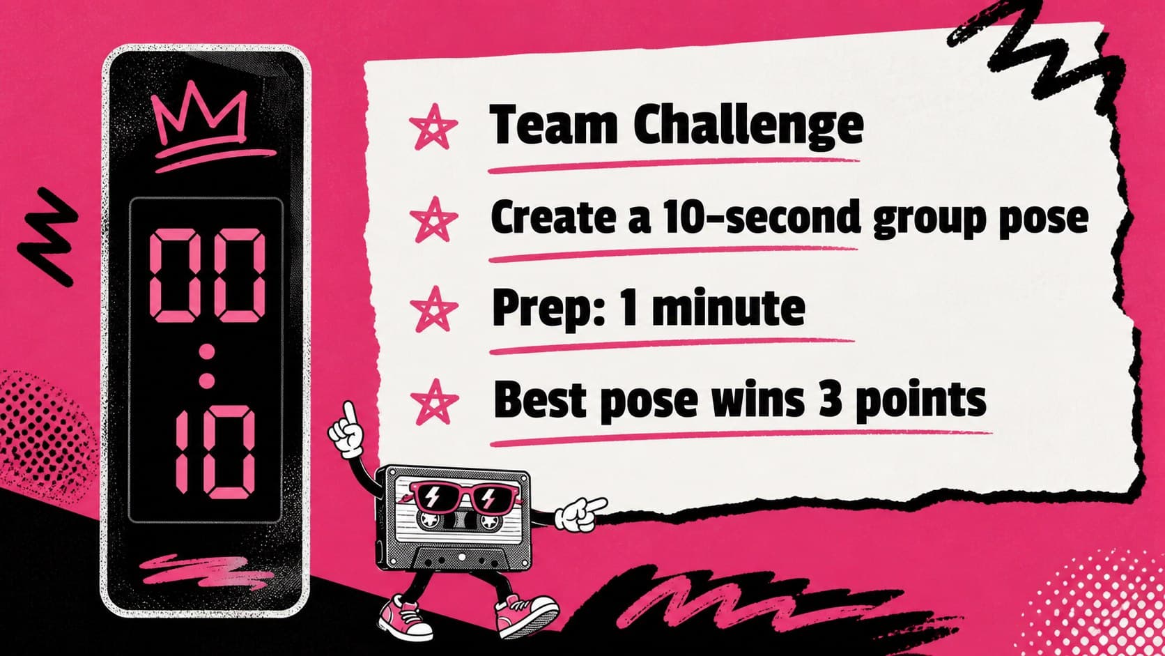 Team challenge slide with a timed music and movement activity for holiday guests.