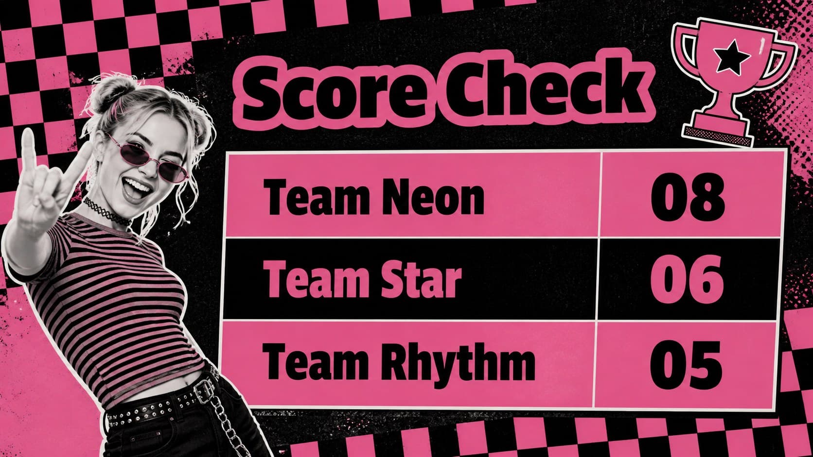 Scoreboard slide for tracking teams during a black and pink Christmas party game.