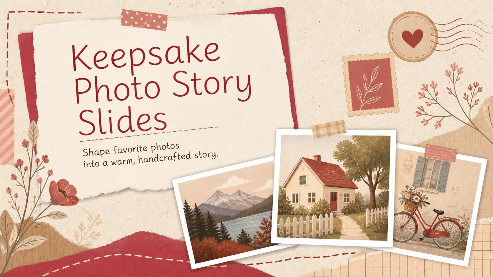 Cover for Keepsake Photo Story Slides with layered red paper, illustrated accents, and framed family snapshots.