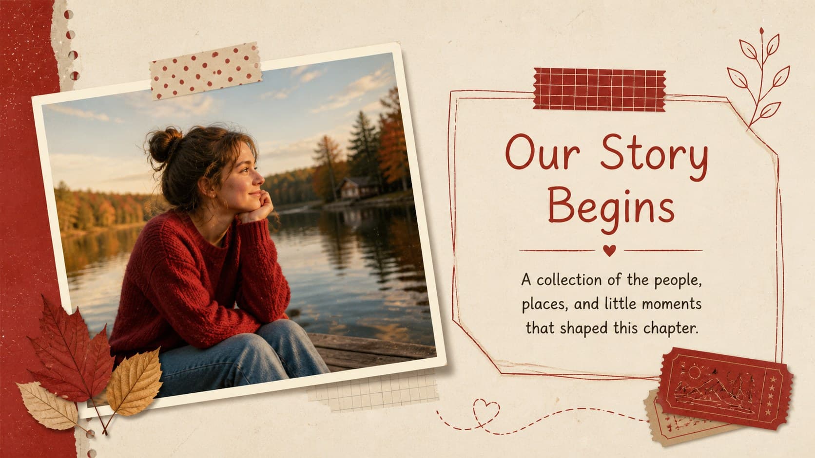 Opening family memory slideshow template page with a large snapshot and a short introductory story.