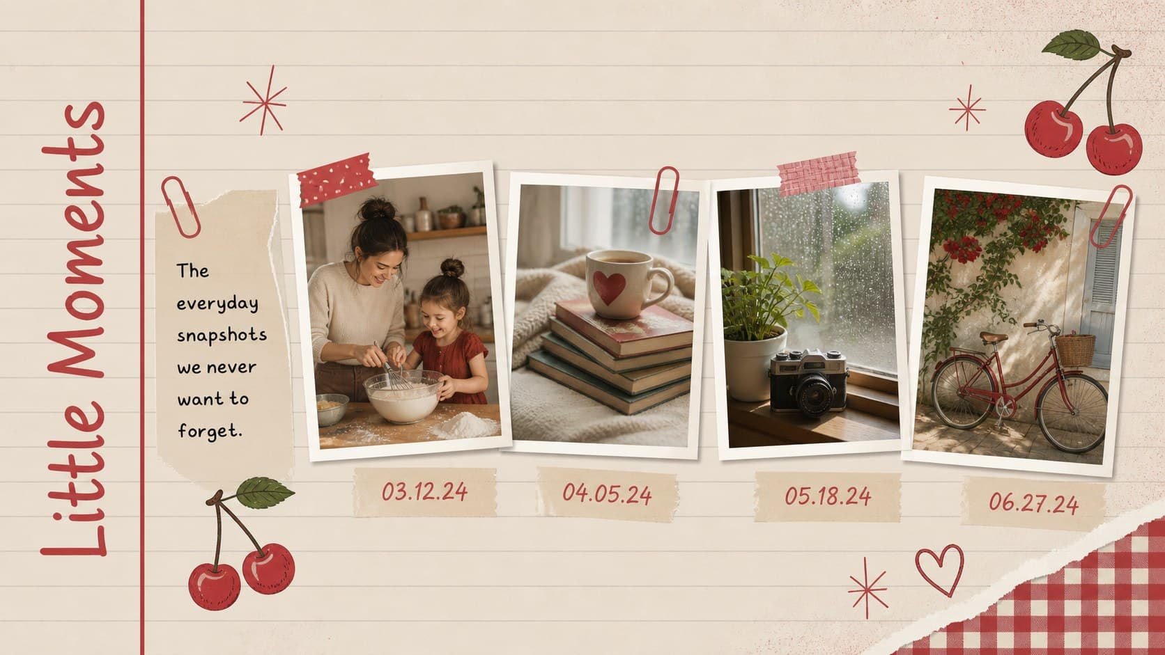 Red scrapbook presentation theme featuring four candid photographs under the heading Little Moments.