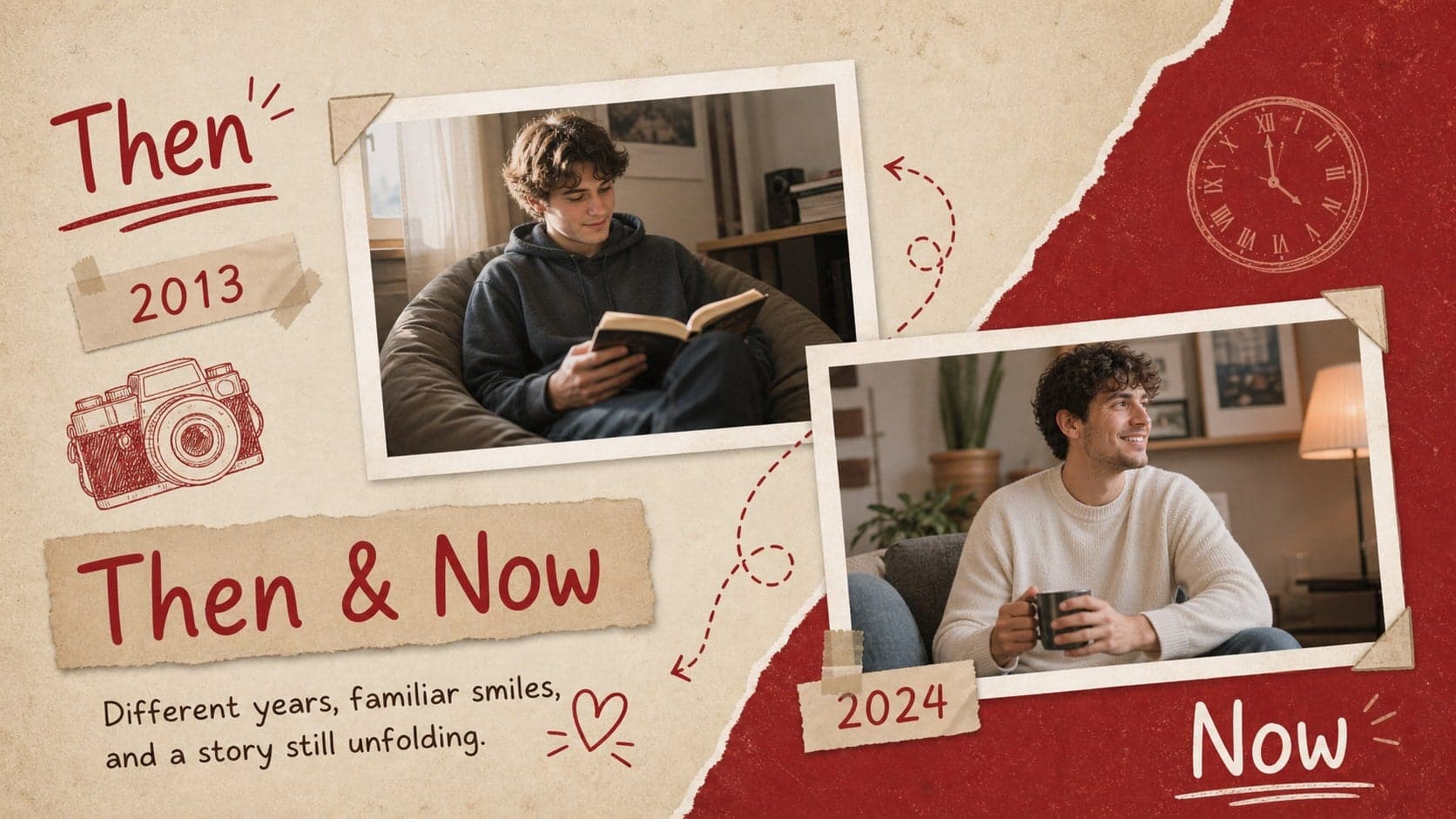 Then-and-now keepsake page comparing two photographs with dates and a concise reflection.