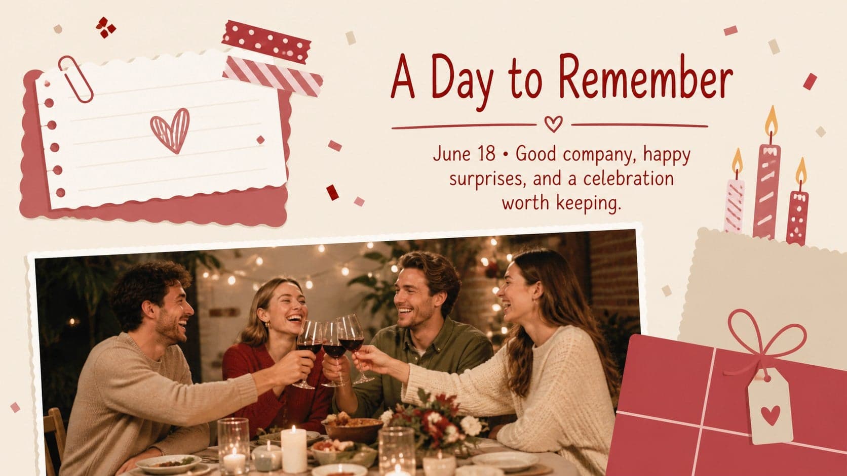 Birthday photo story presentation page with one celebration image, a date label, and event details.