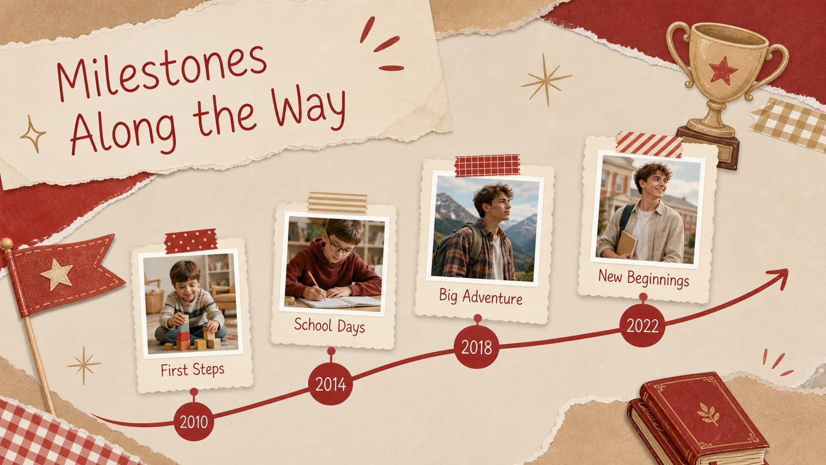 Milestone timeline in a red digital keepsake presentation with four dated achievements and small photos.