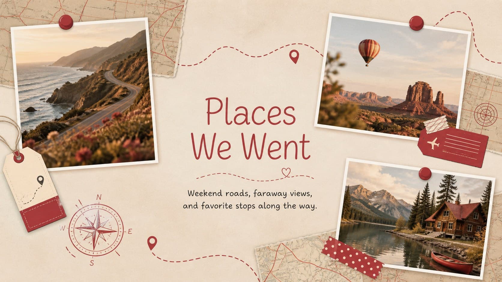 Travel memories layout with three destination photographs and map-inspired scrapbook decorations.