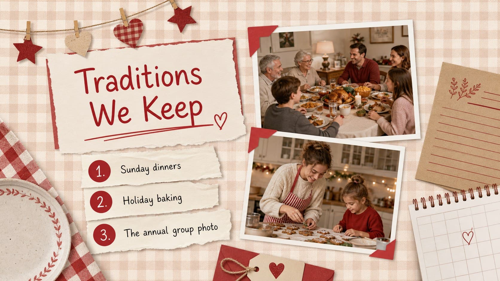 Family traditions scrapbook slide combining two photos with three short notes about recurring celebrations.