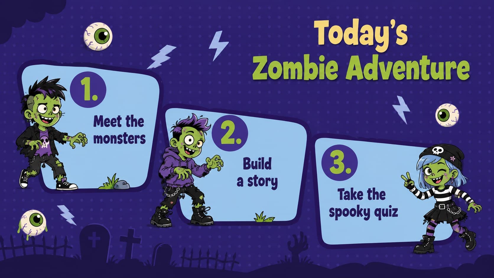 Zombie Day classroom agenda slide with three playful activities and colorful cartoon illustrations.