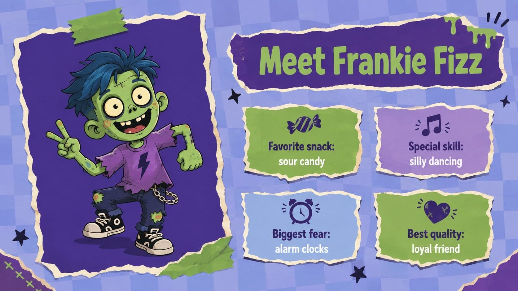 Cartoon zombie classroom slide introducing a friendly monster character through short profile facts.