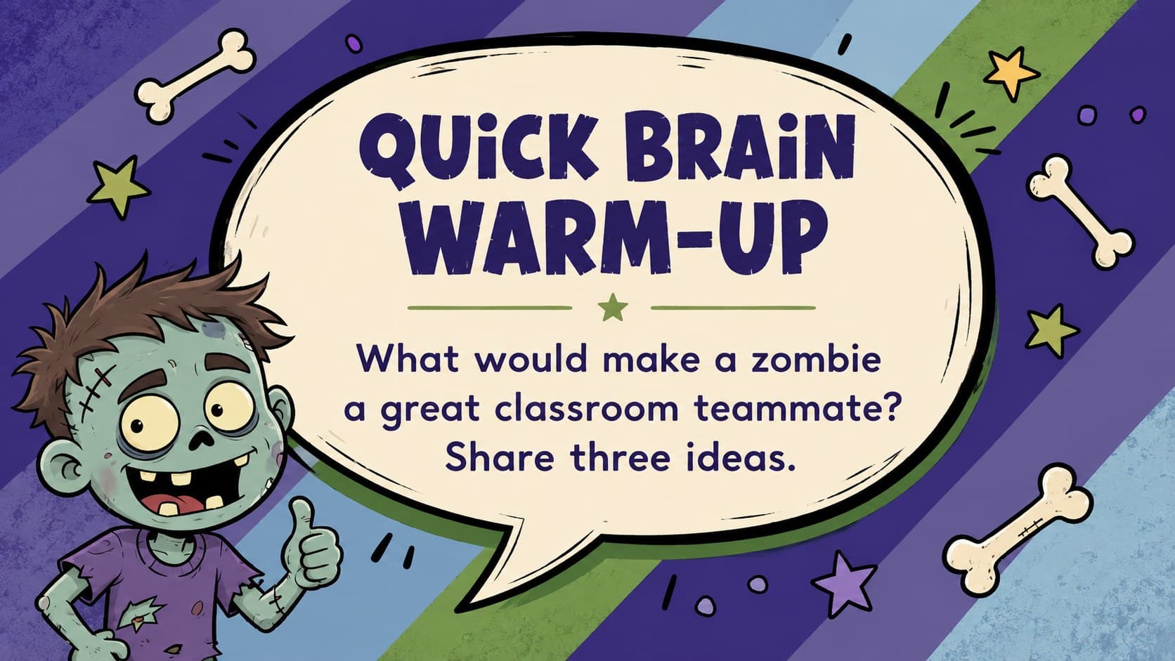 Kid-friendly zombie presentation template slide featuring a quick classroom warm-up question.