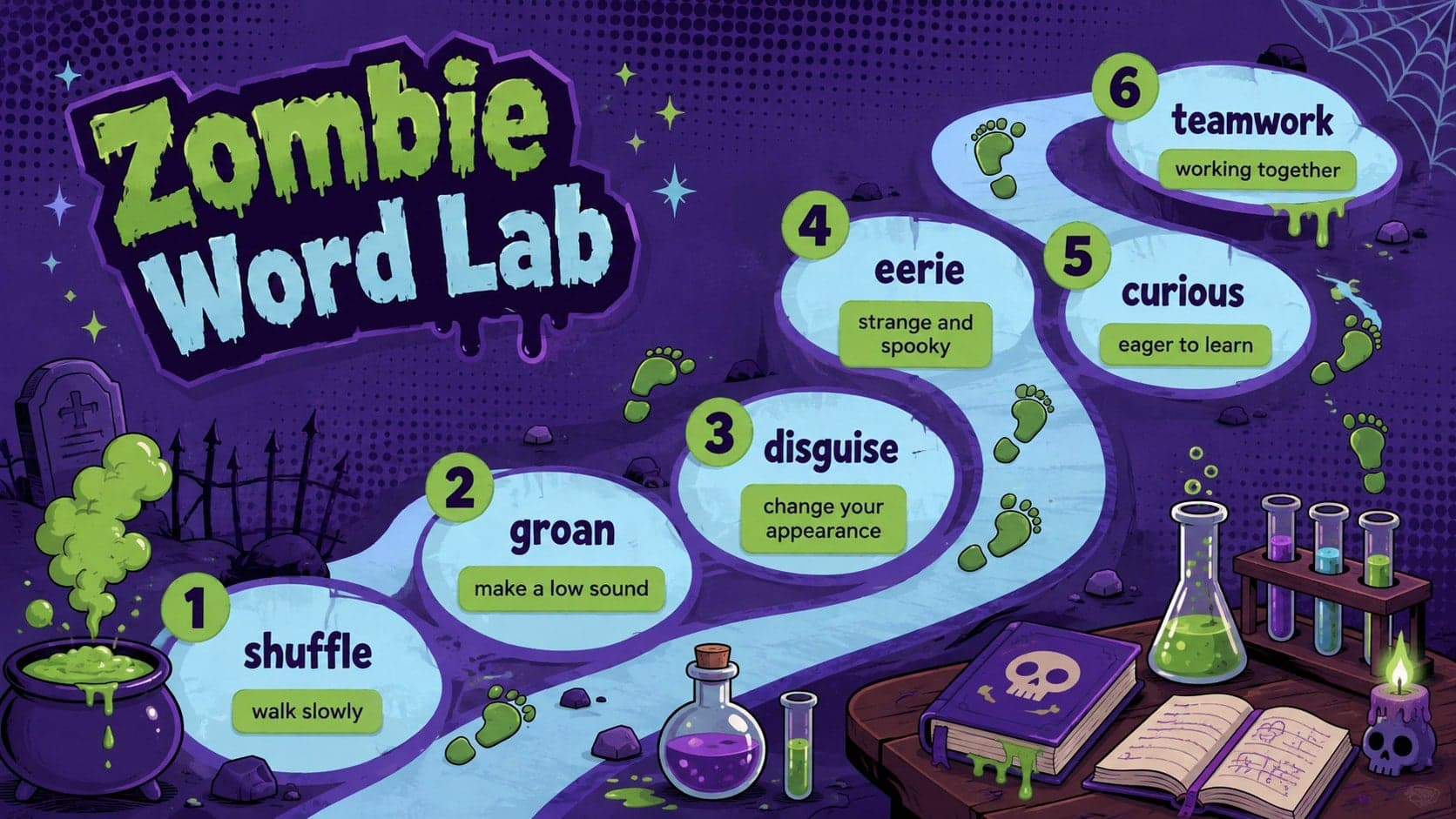 Purple and green Halloween slide theme presenting playful zombie vocabulary for students.