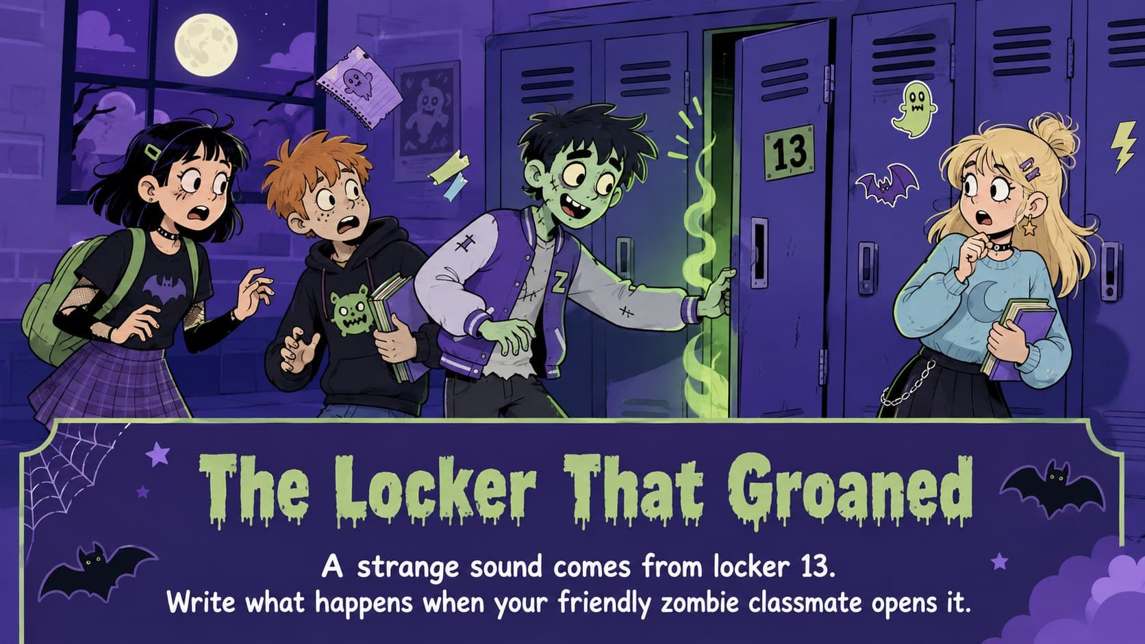 Zombie creative writing lesson slide with a colorful story prompt and original monster character.