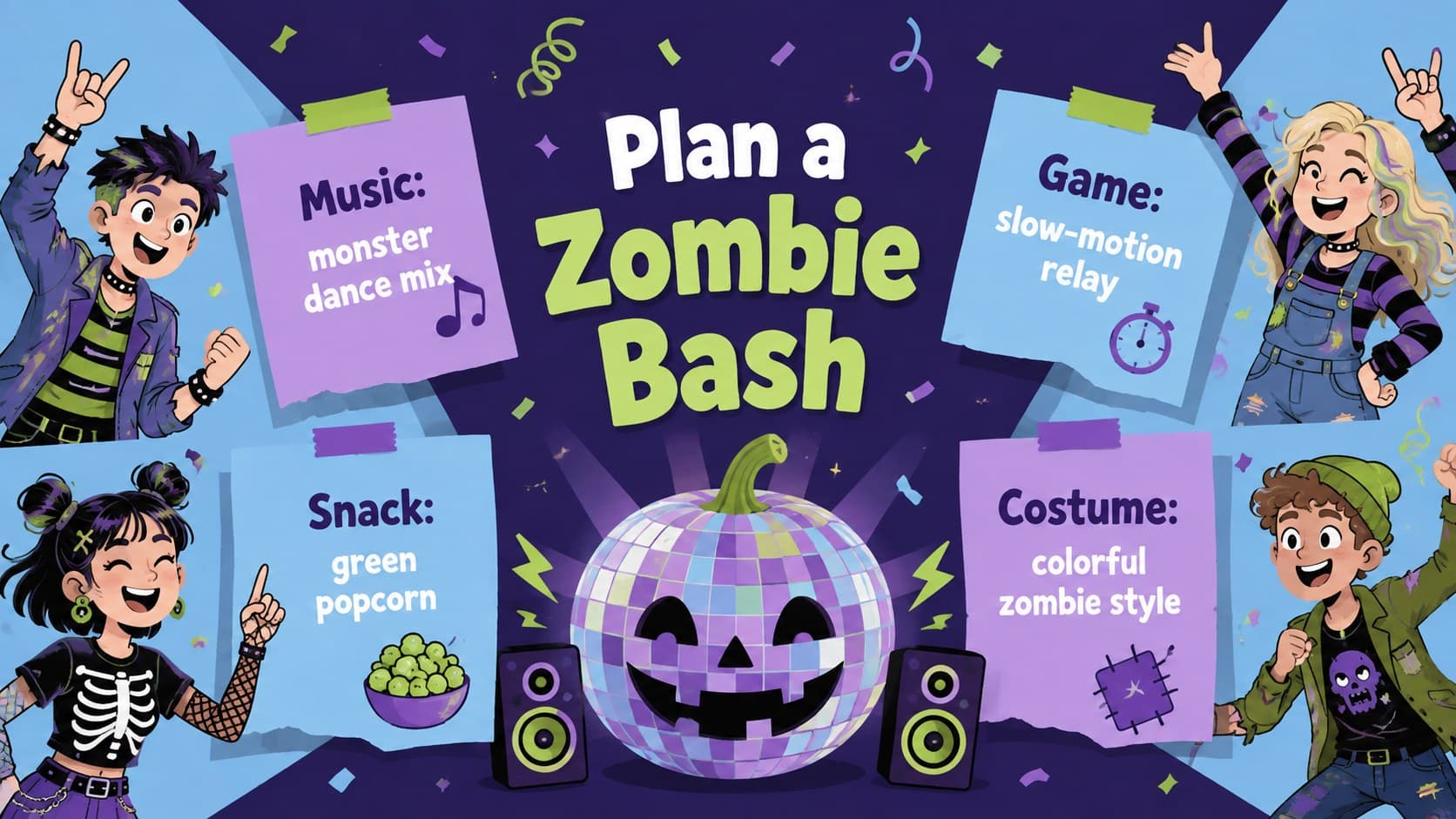 Playful zombie party presentation slide listing music, games, snacks, and costume ideas.