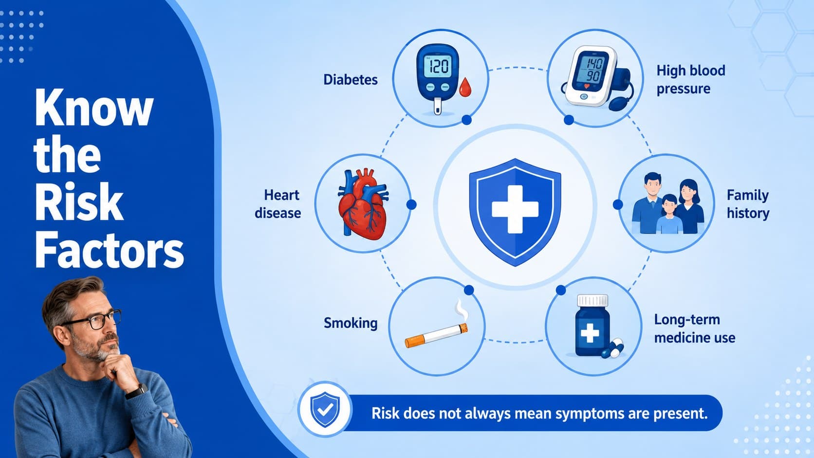 Kidney disease prevention presentation slide showing common renal health risk factors.