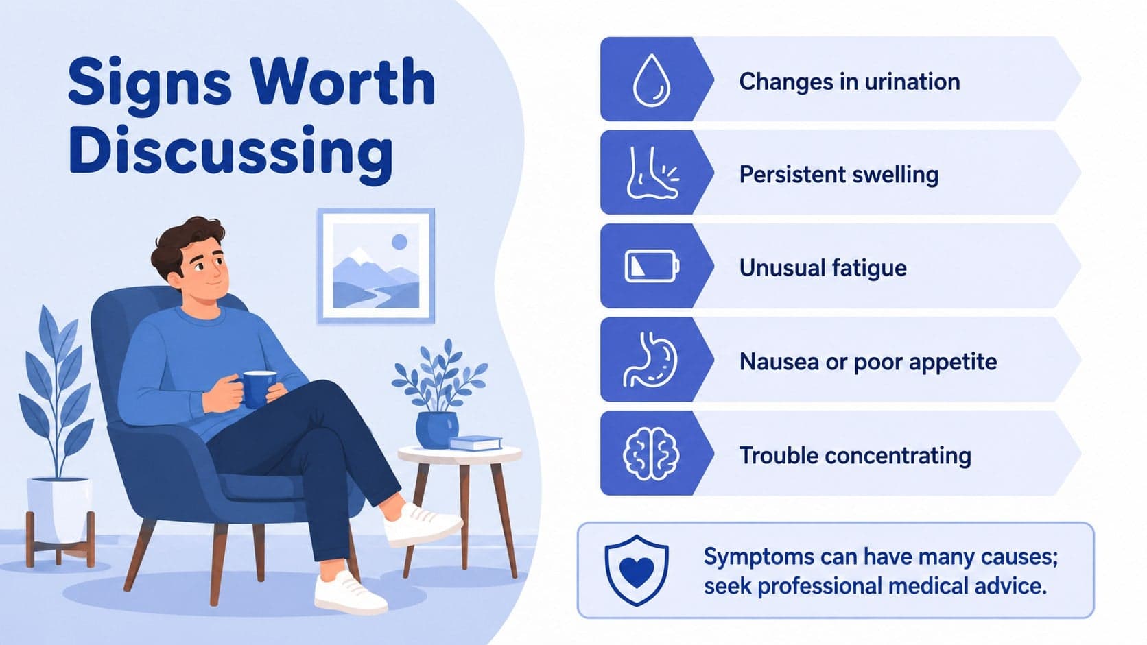 Blue illustrated kidney care slide listing warning signs that may require medical advice.
