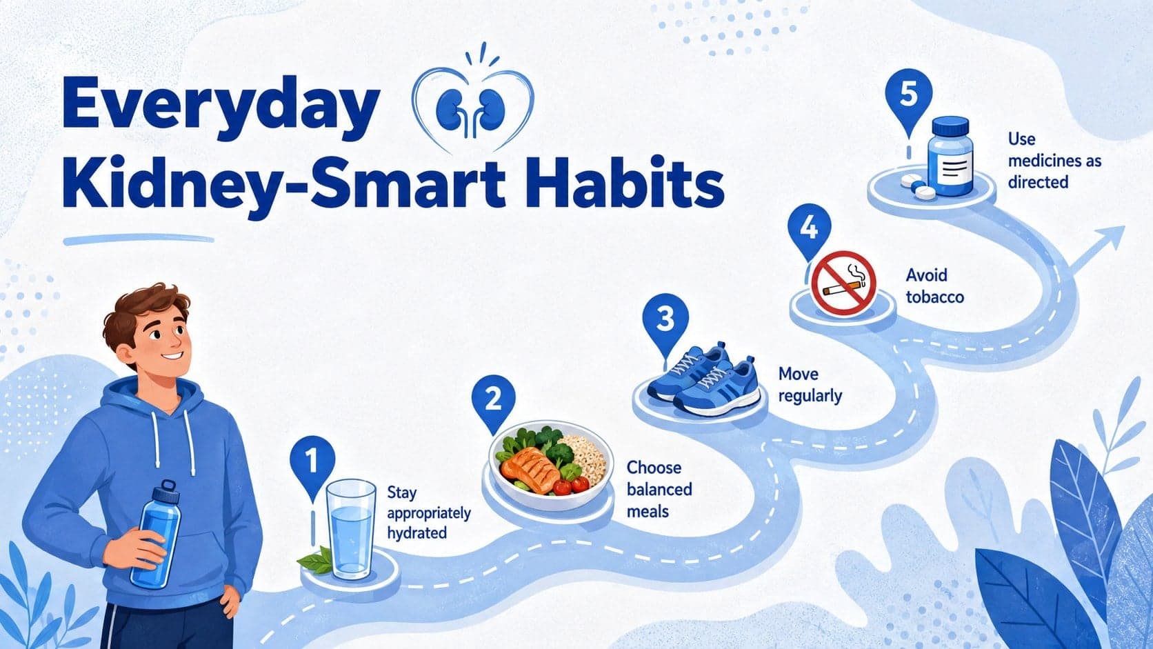 Kidney wellness presentation slide featuring practical habits for supporting renal health.