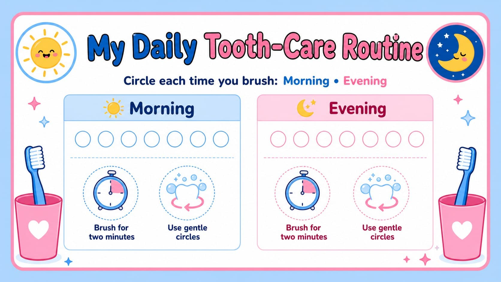 Tooth brushing activity page showing a simple morning and evening oral care routine for children.
