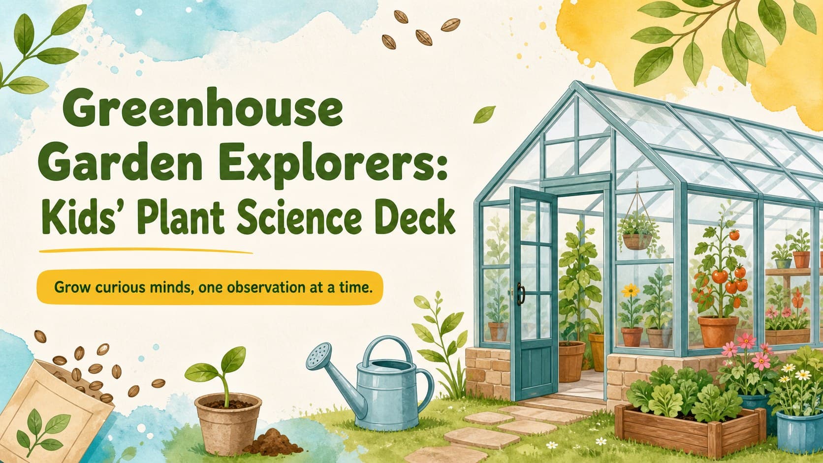 Cover slide for a kids plant science presentation showing a cheerful greenhouse garden scene.