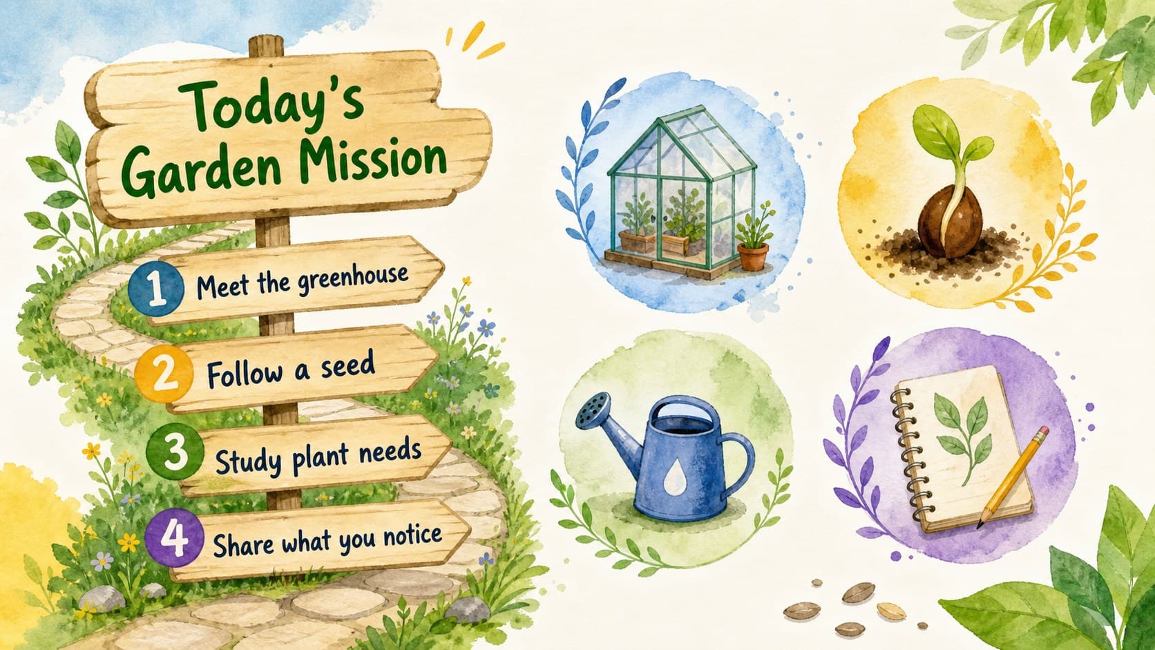 Lesson overview slide mapping the main sections of a greenhouse classroom activity.