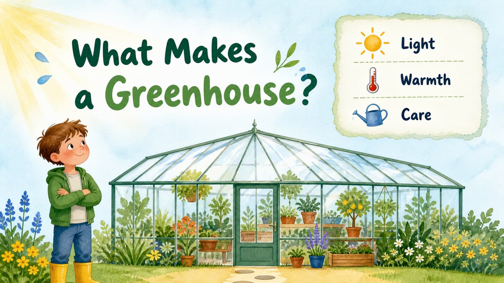 Greenhouse introduction slide explaining how a protected growing space works.