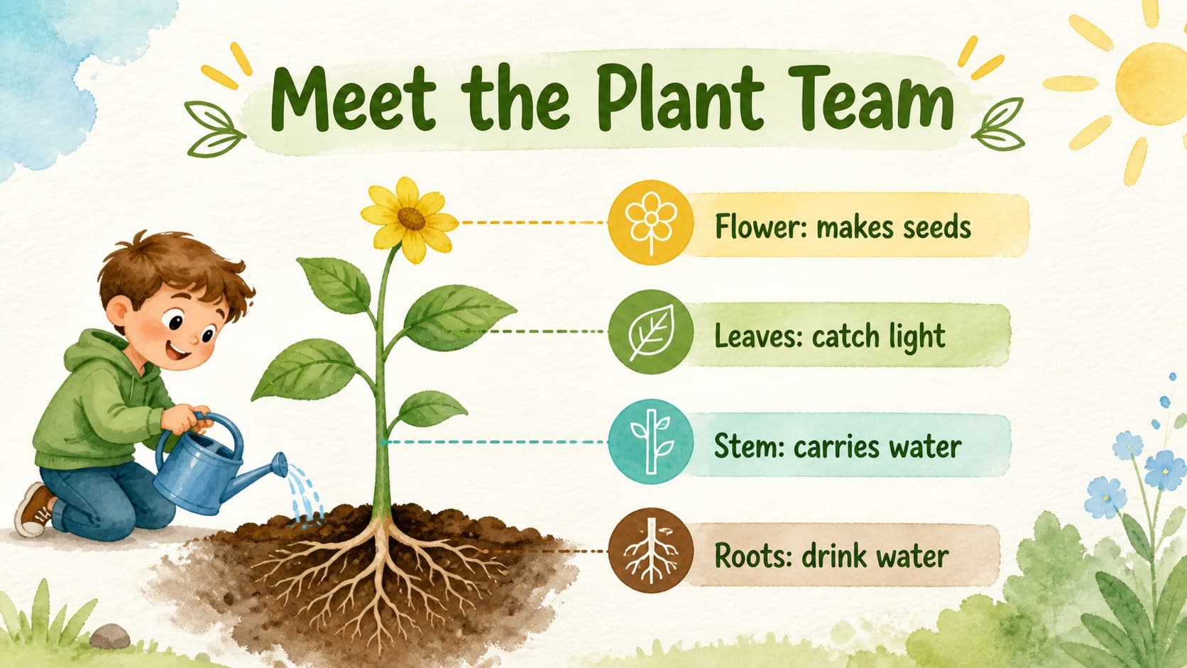 Plant parts diagram slide for an elementary plant life cycle lesson.