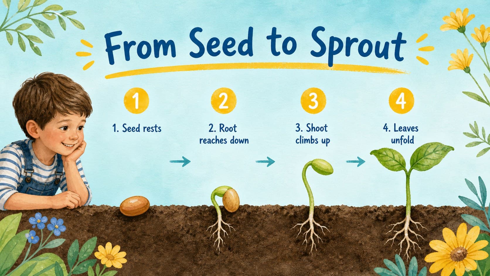 Seed-to-sprout sequence showing stages in a plant life cycle.