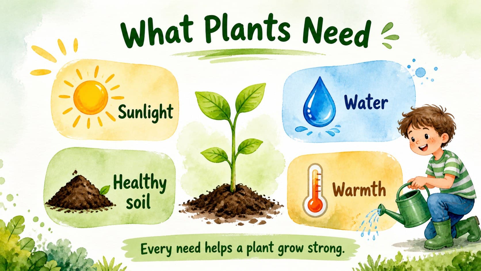 Plant needs slide comparing sunlight, water, soil and warmth in a garden lesson.