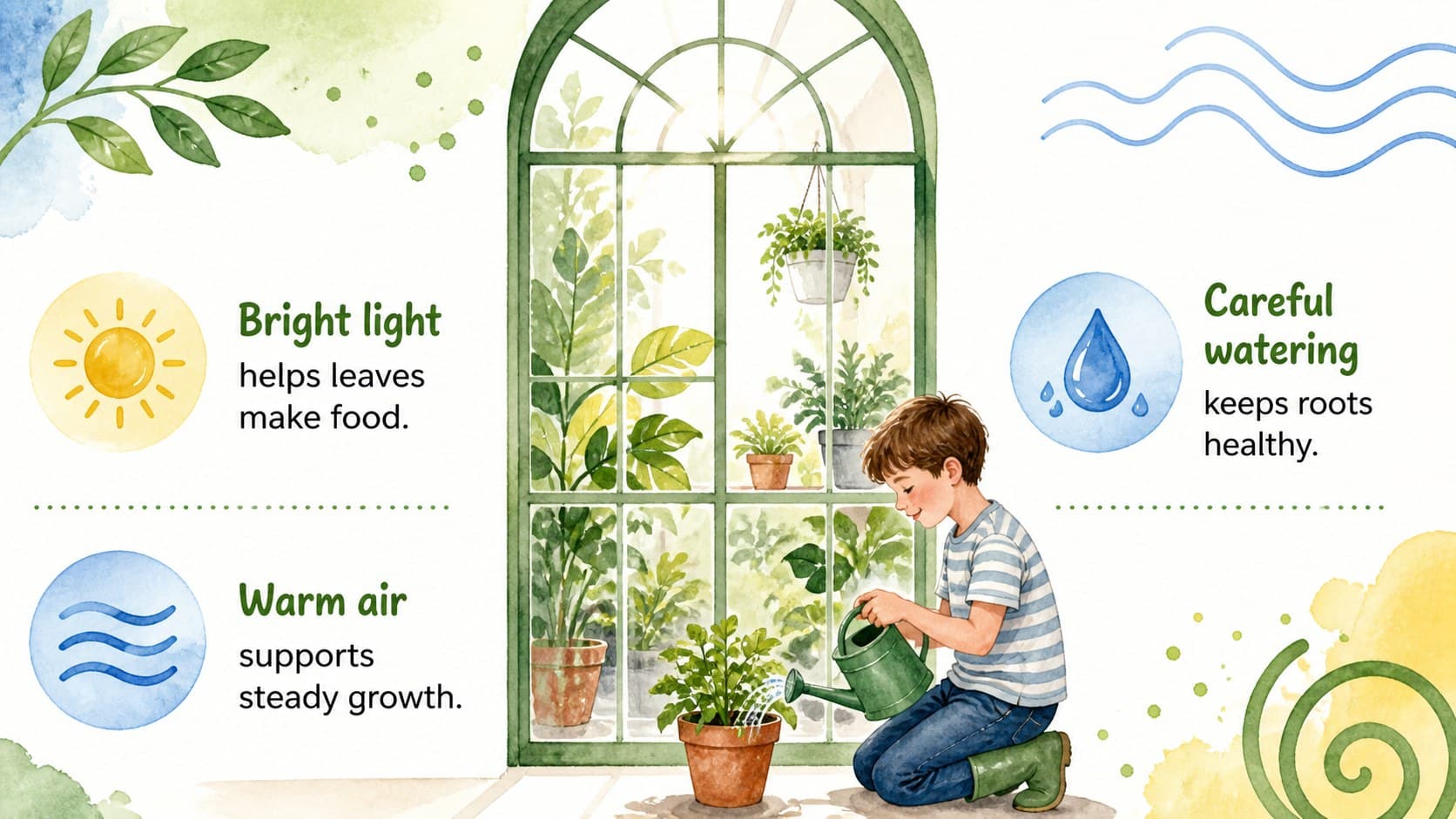 Greenhouse conditions comparison slide for young learners studying plant growth.