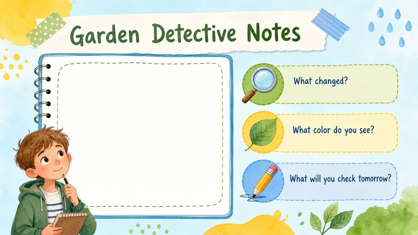 Greenhouse observation activity slide with prompts for recording plant changes.