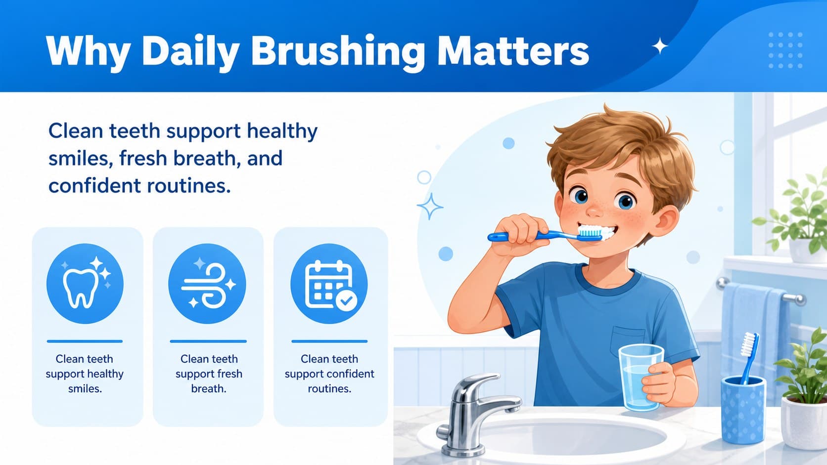 Kids dental health slides showing a simple introduction to daily brushing and oral care.