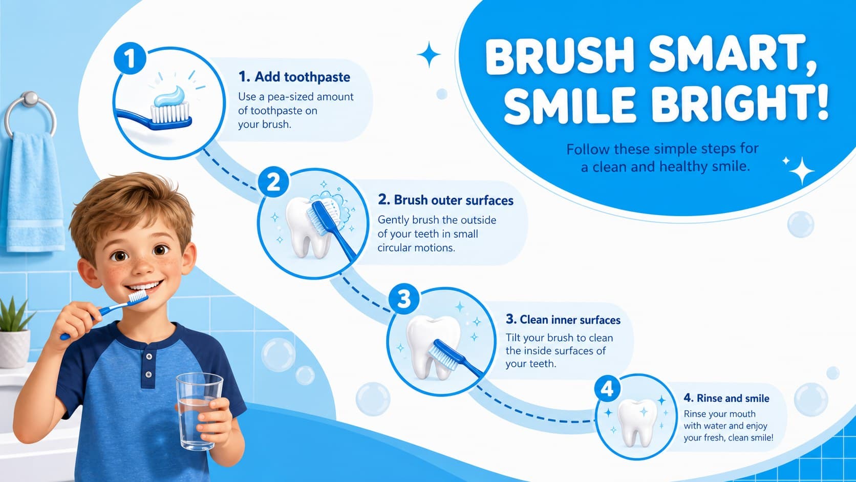 Oral hygiene classroom presentation slide illustrating the main steps of a child-friendly brushing routine.