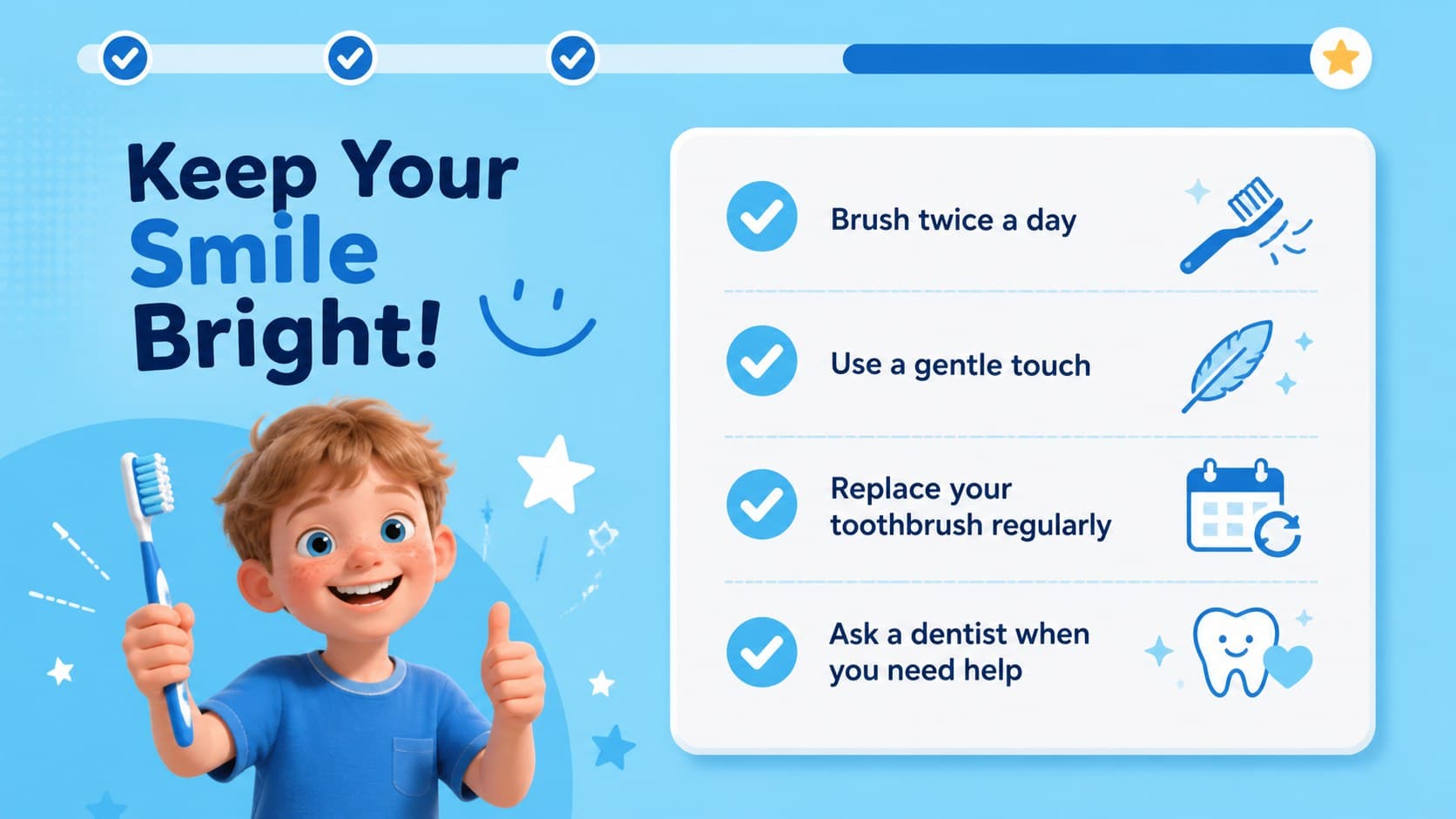 Brushing routine visual aid ending with a simple daily tooth-care checklist for children and caregivers.