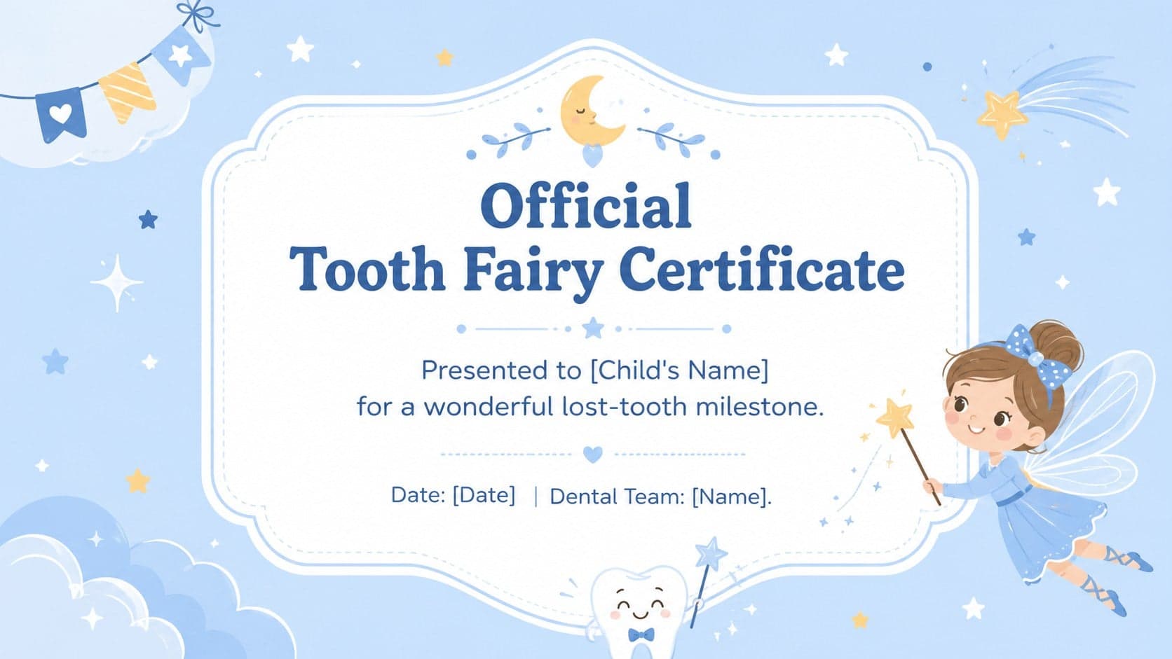 Editable tooth fairy certificate slide recognizing a young dental patient's lost-tooth milestone.