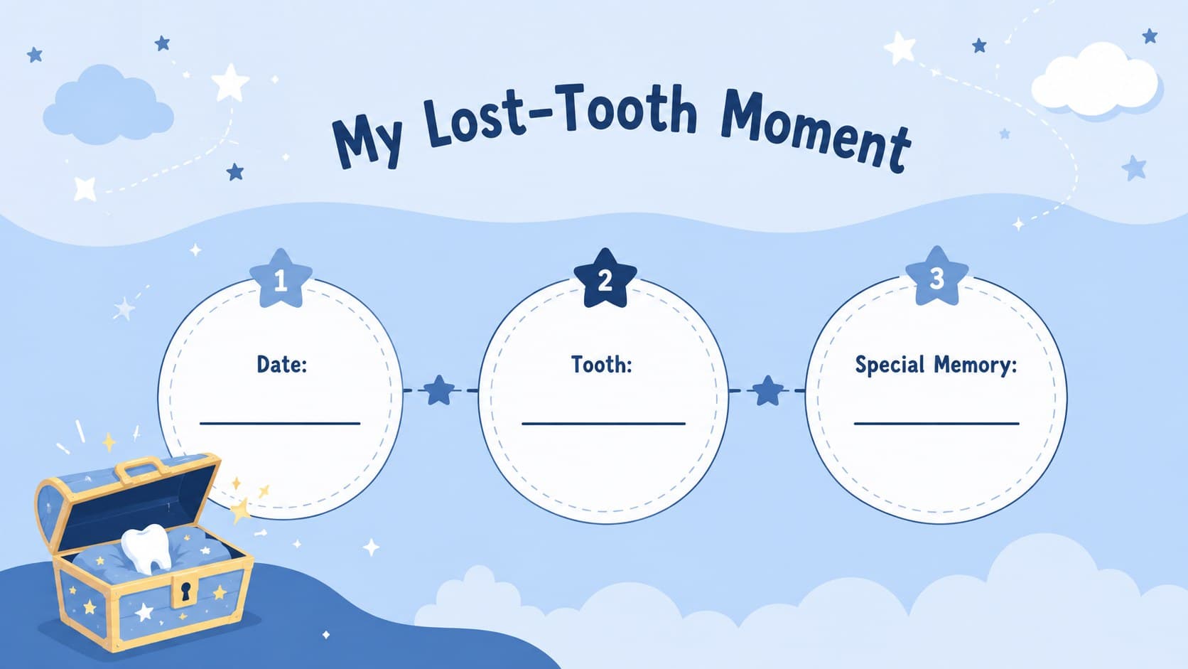 Lost tooth celebration presentation slide with a date, tooth number, and milestone details.